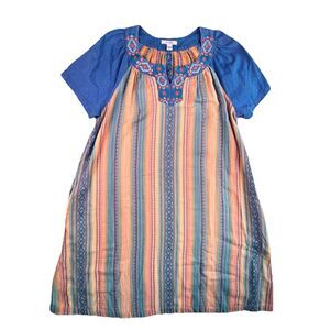 Boho Embroidered Striped Go Softly Patio House Dress Lg Mumu Vtg Cotton Aztec